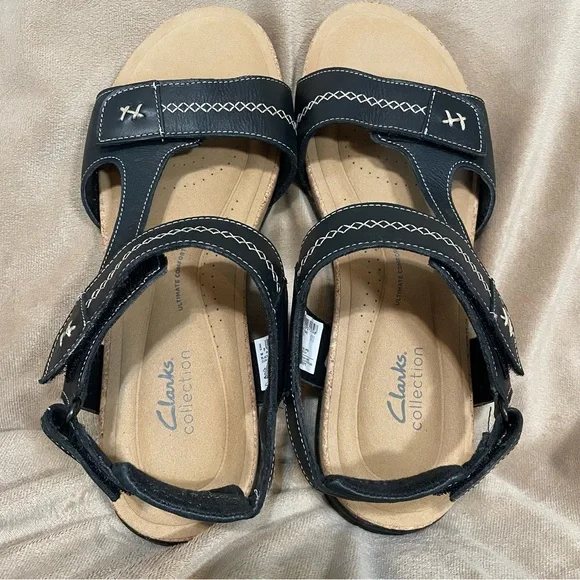 Clarks Black Leather Cork Footbed Sandals. - Picture 6 of 10